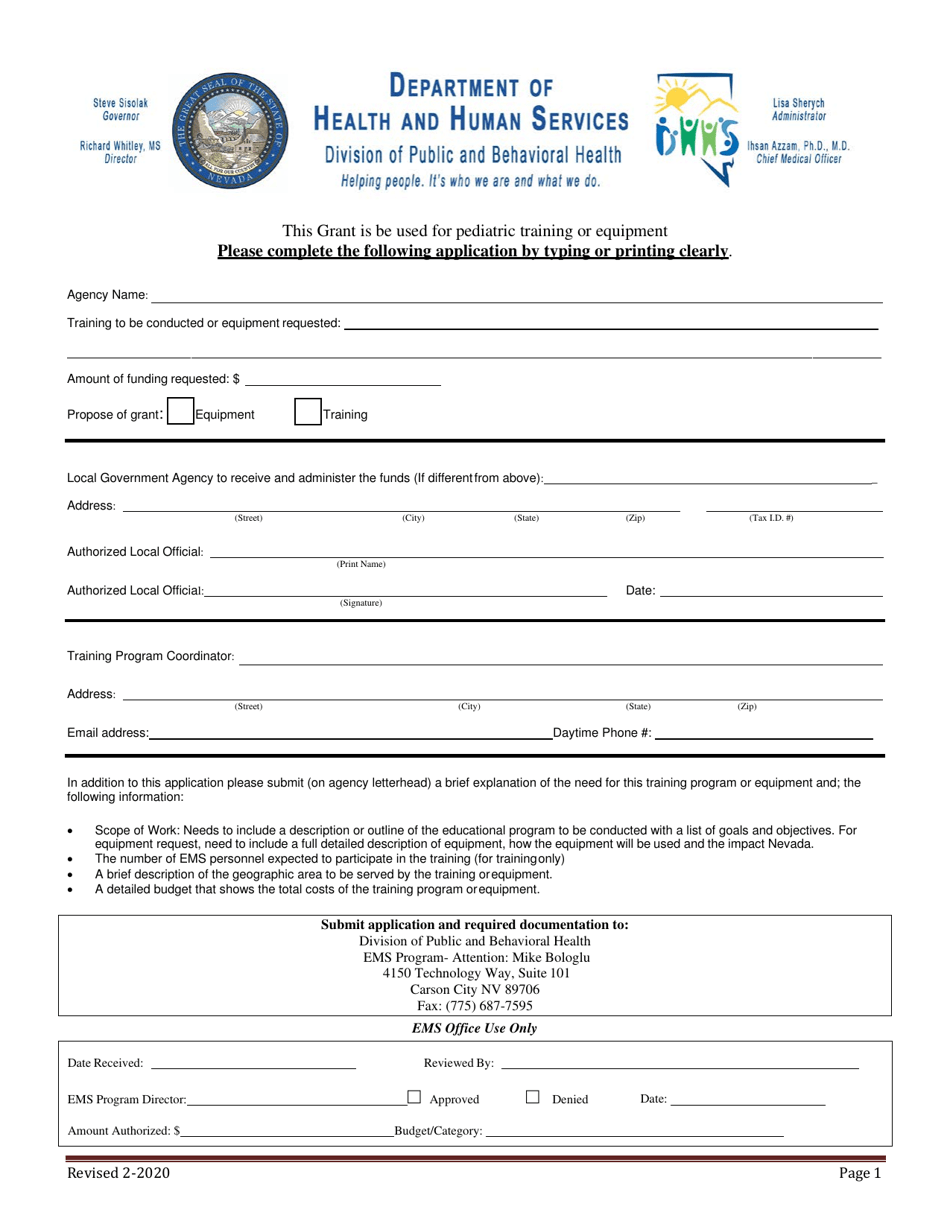 Emergency Medical Services for Children Grant Application - Nevada, Page 1