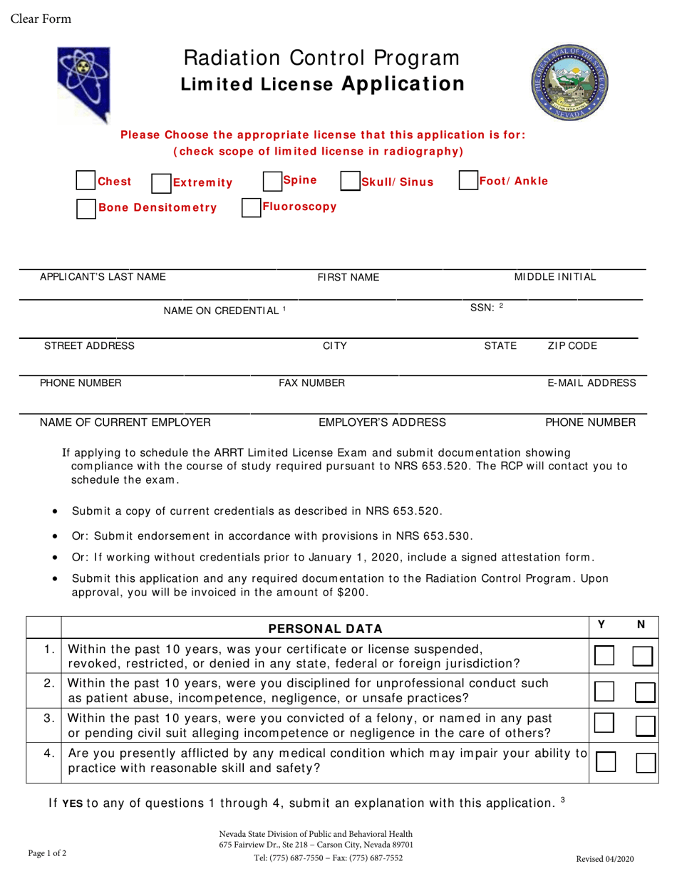 Radiation Control Program Limited License Application - Nevada, Page 1