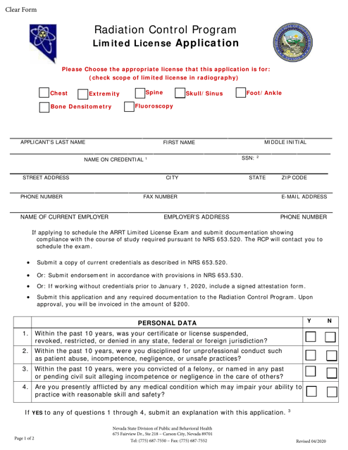 Radiation Control Program Limited License Application - Nevada Download Pdf