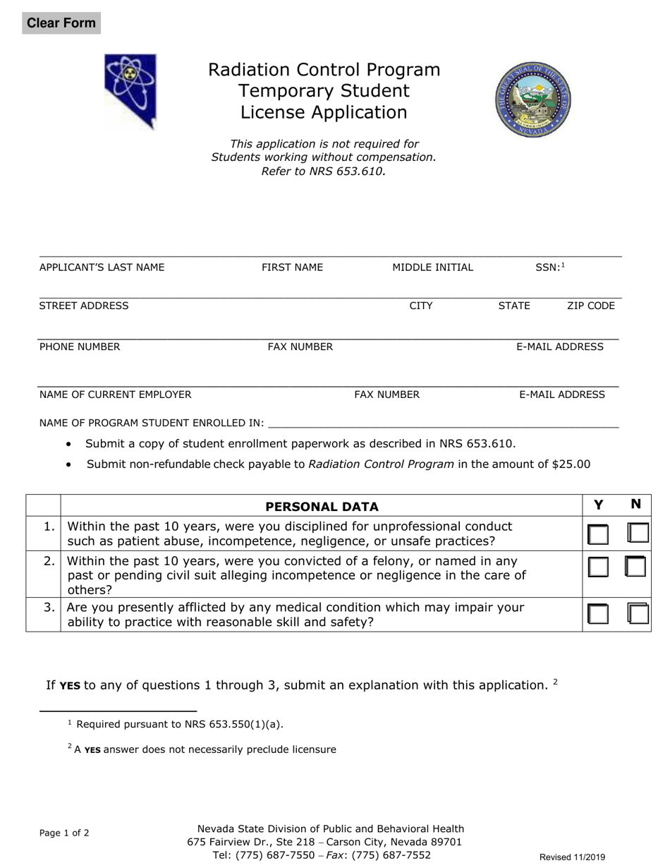 Radiation Control Program Temporary Student License Application - Nevada, Page 1