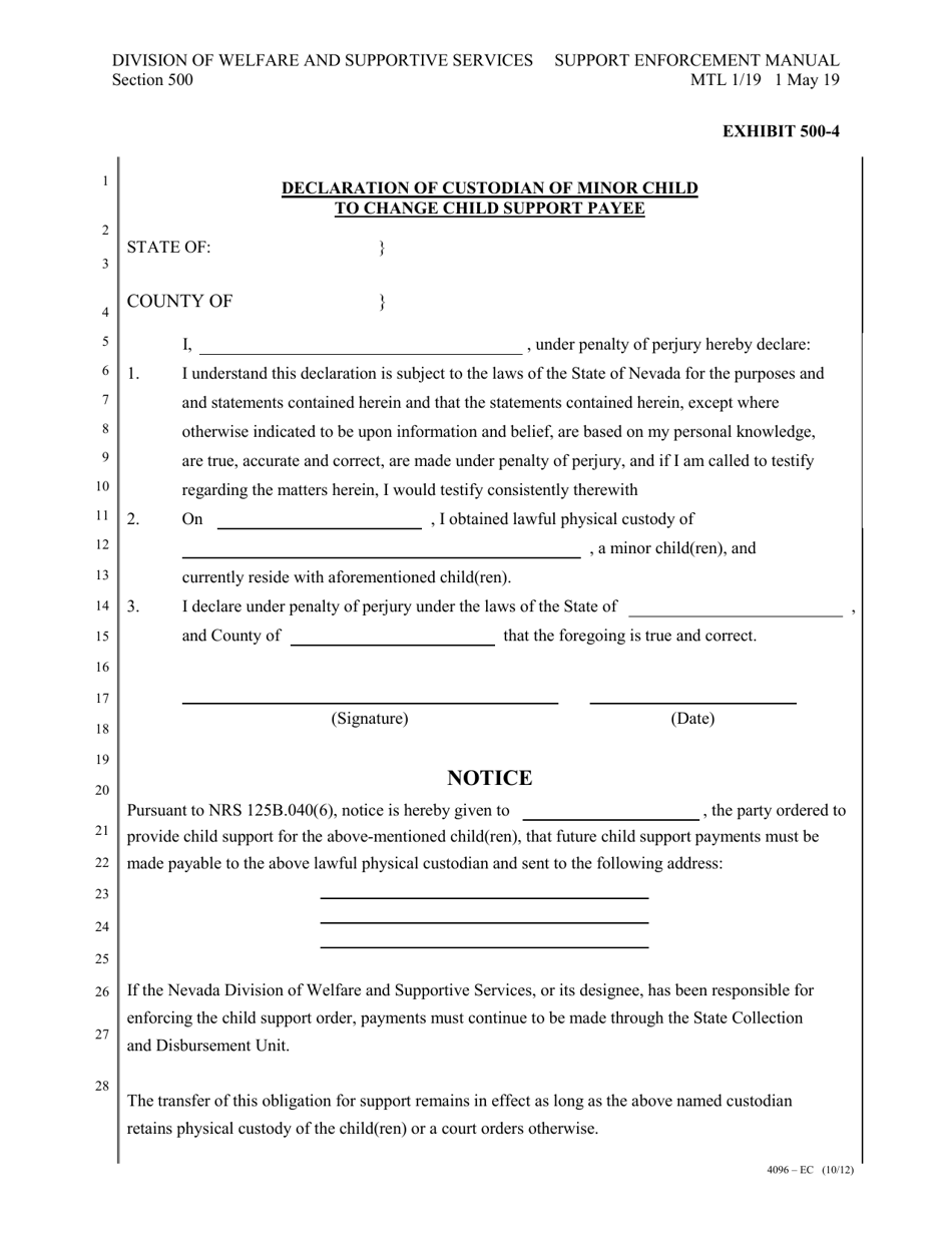 Form 4096-EC Exhibit 500-4 Declaration of Custodian of Minor Child to Change Child Support Payee - Nevada, Page 1
