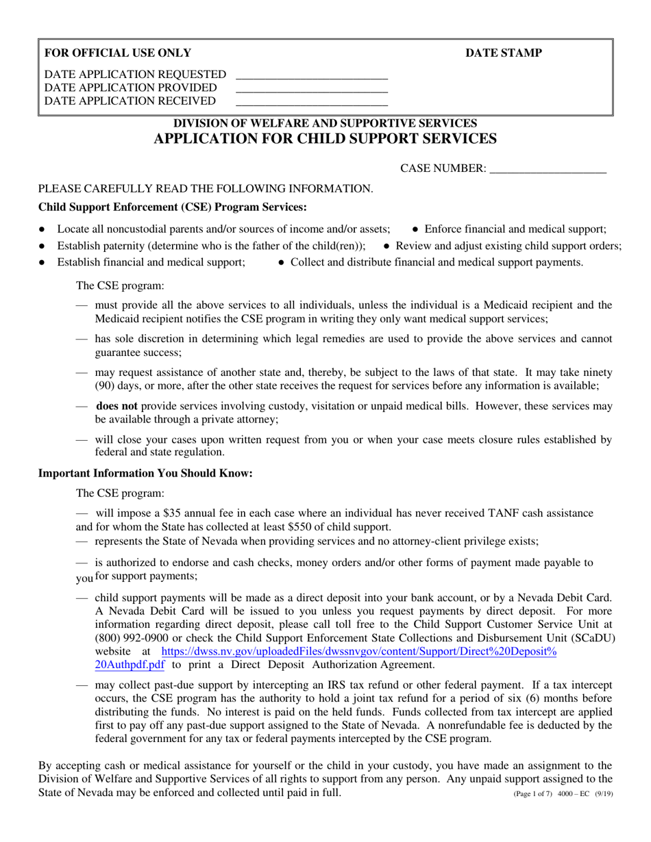 Form 4000-EC Application for Child Support Services - Nevada, Page 1