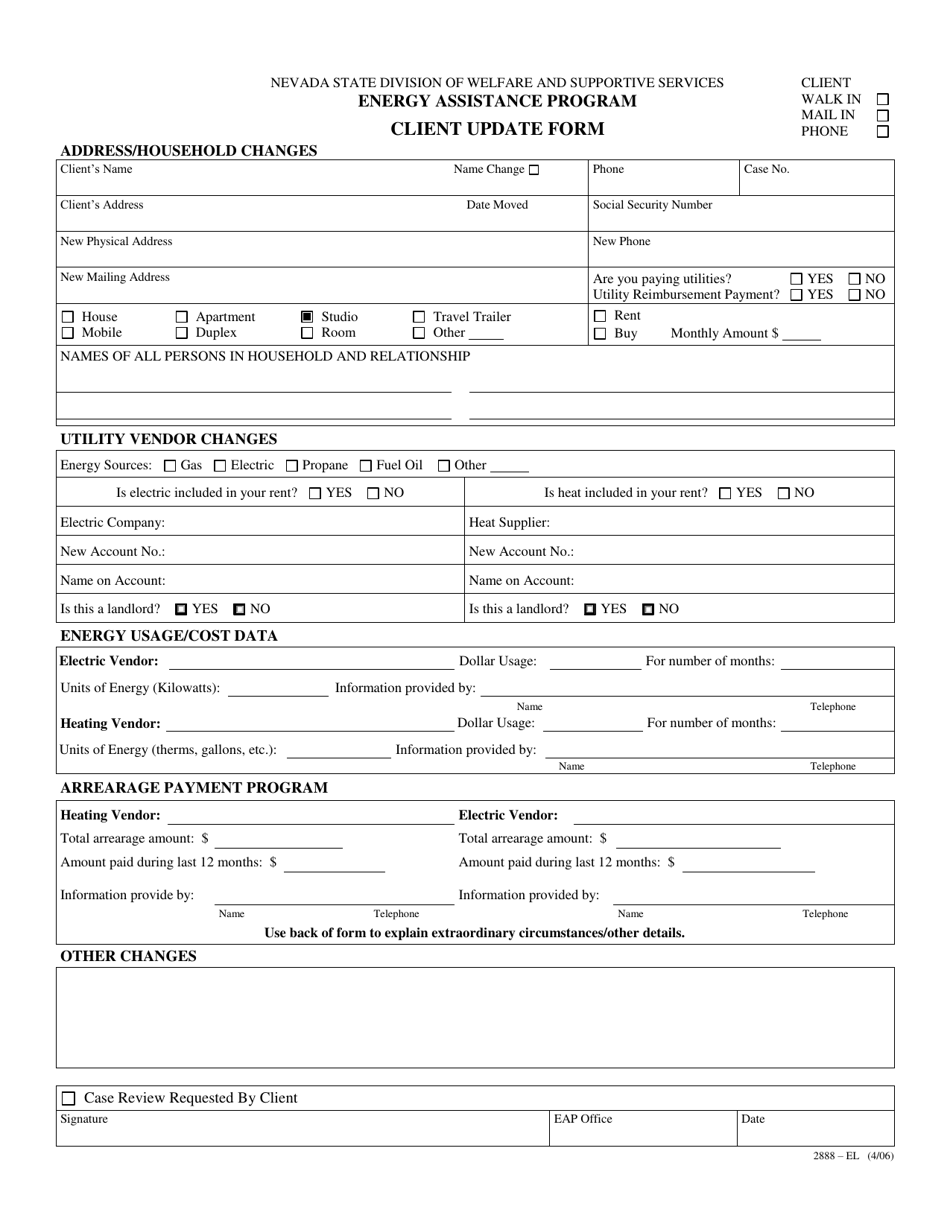 Form 2888-EL Energy Assistance Program Client Update Form - Nevada, Page 1