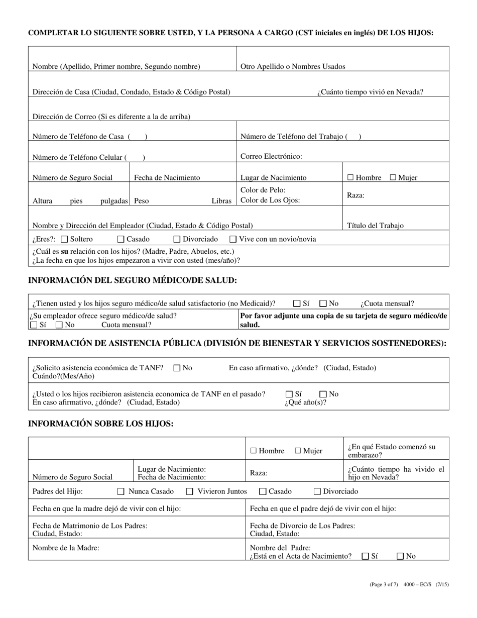 Formulario 4000-ECS Solicitud De Manutencion De Los Hijos - Nevada (Spanish), Page 3