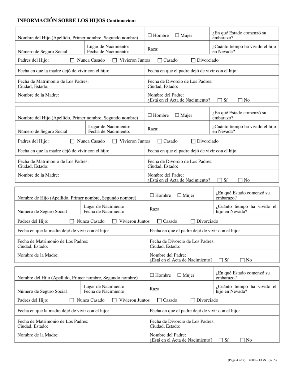 Formulario 4000-ECS Solicitud De Manutencion De Los Hijos - Nevada (Spanish), Page 4