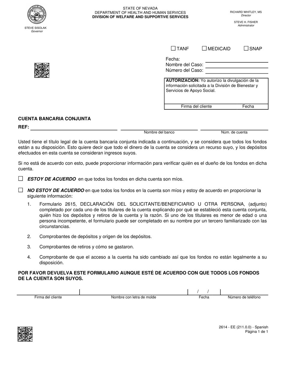 Formulario 2614-EE Cuenta Bancaria Conjunta - Nevada (Spanish), Page 1