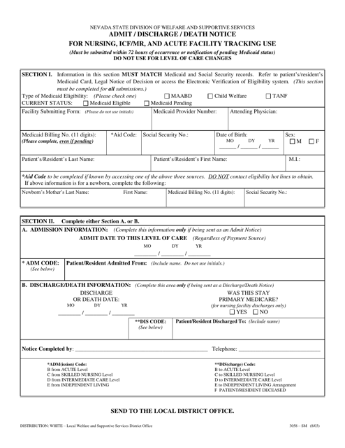Form 3058-SM Admit / Discharge / Death Notice for Nursing, Icf/Mr, and Acute Facility Tracking Use - Nevada