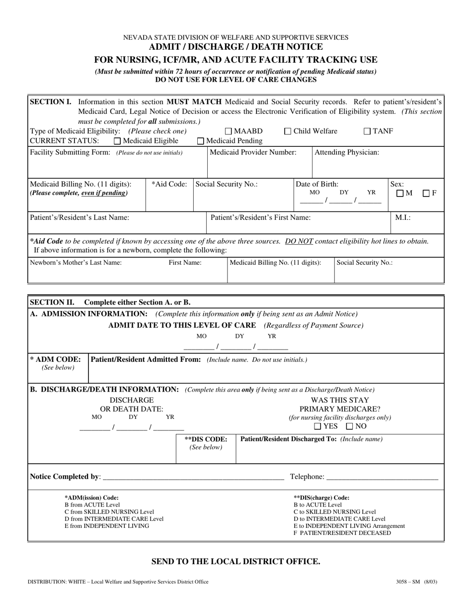 Form 3058-SM Admit / Discharge / Death Notice for Nursing, Icf / Mr, and Acute Facility Tracking Use - Nevada, Page 1