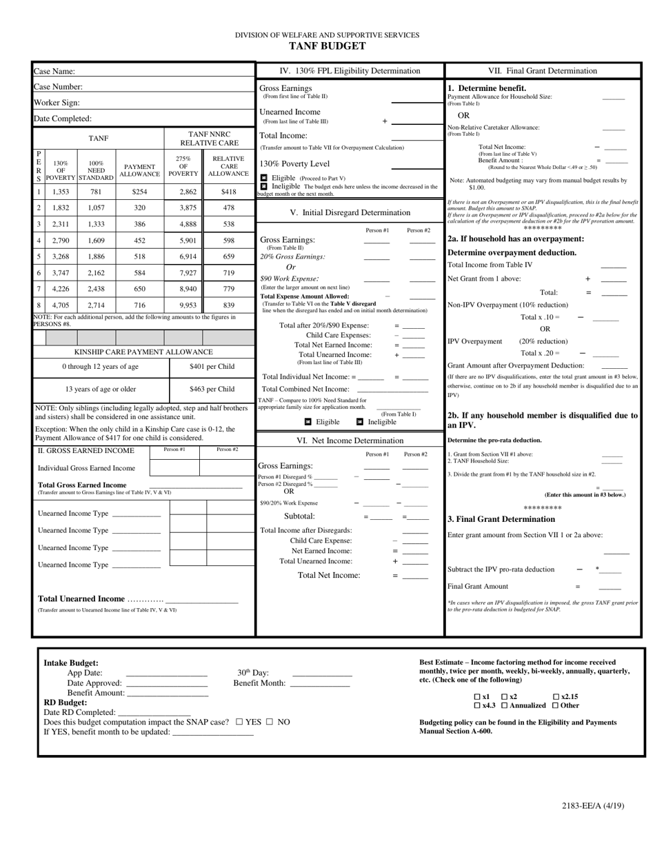 Form 2183-EE / A TANF Budget - Nevada, Page 1