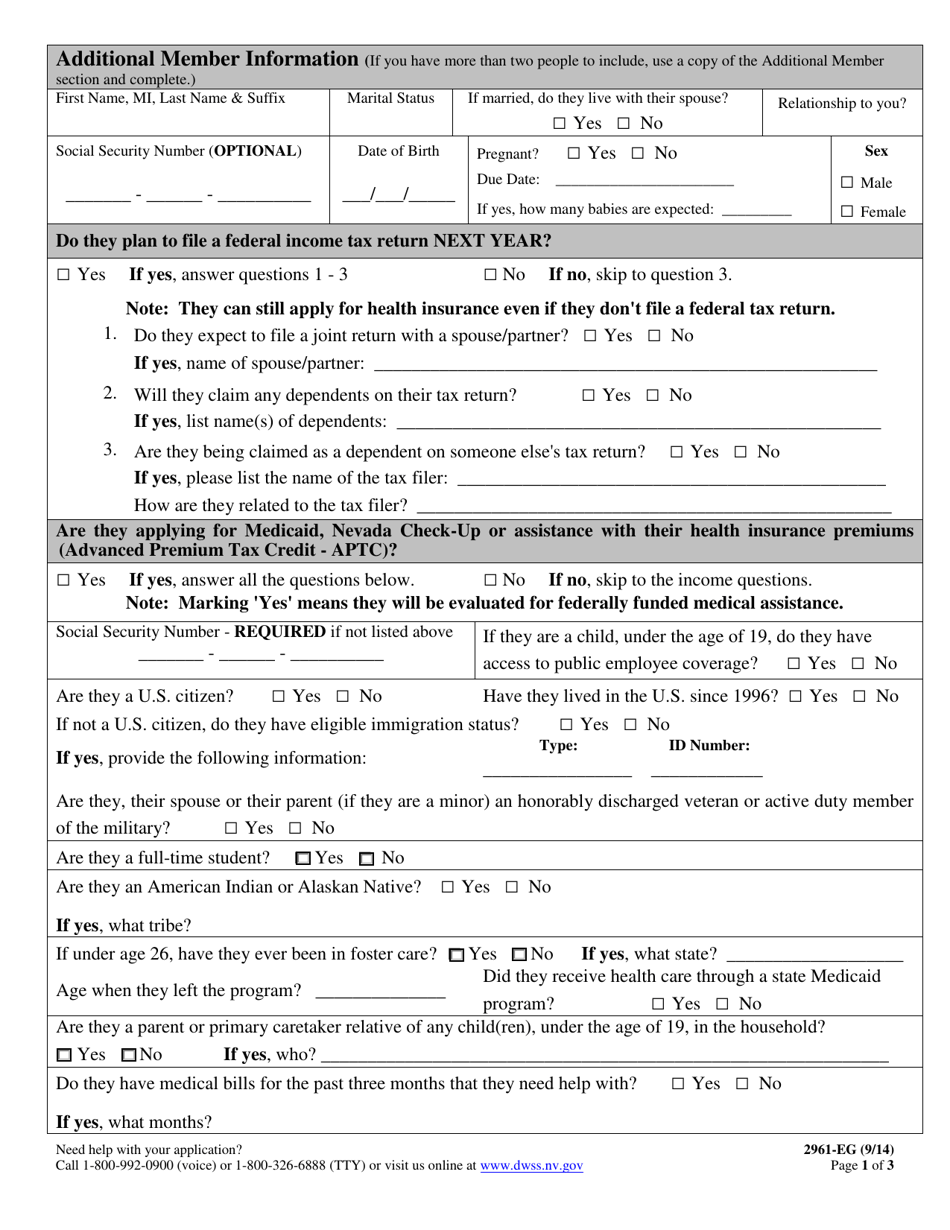 Form 2961-EG Application for Health Insurance - Additional Member - Nevada, Page 1