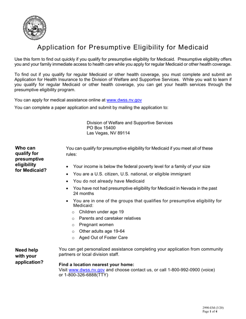 Form 2990 Em Download Fillable Pdf Or Fill Online Application For Presumptive Eligibility For Medicaid Nevada Templateroller