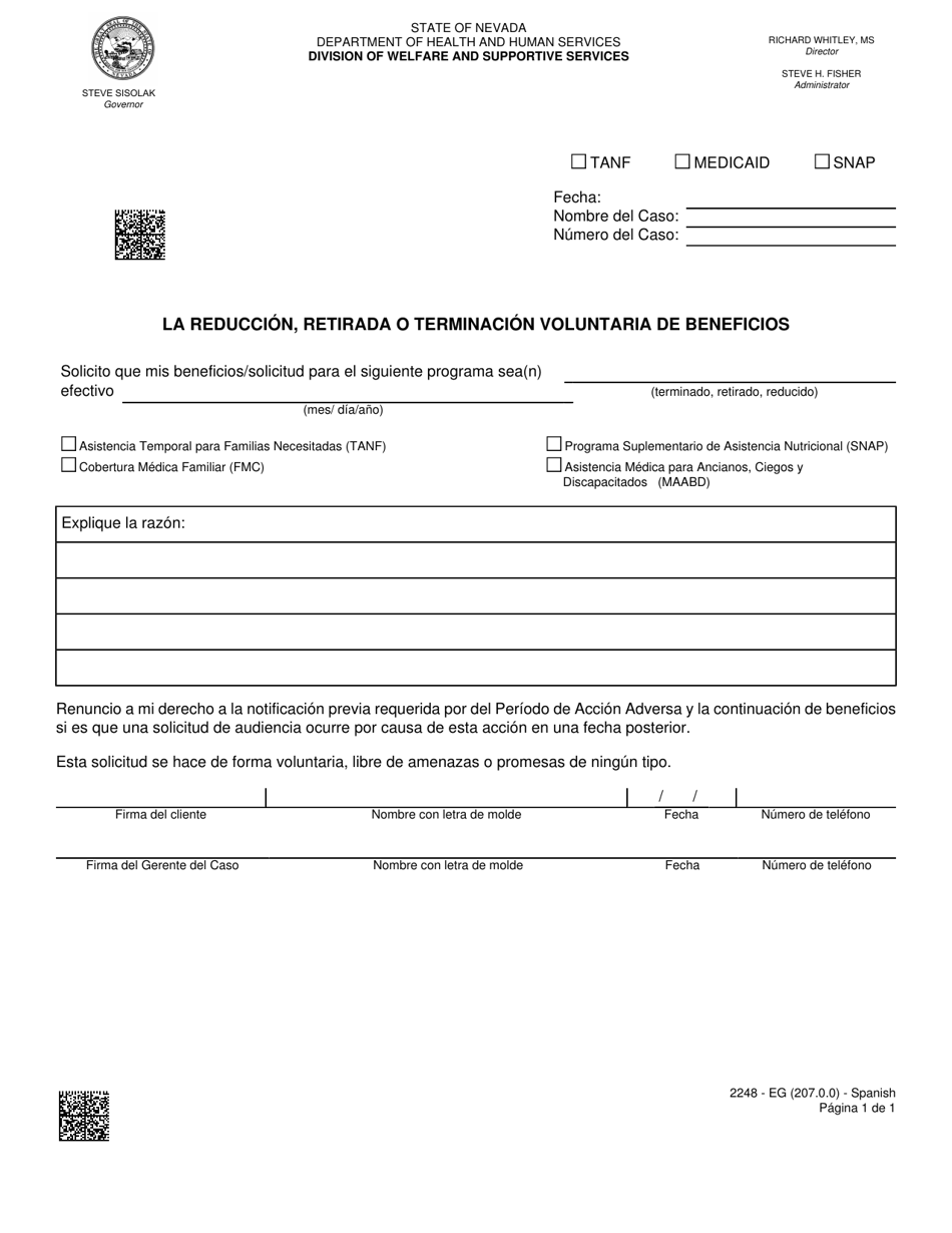 Formulario 2248-EG La Reduccion, Retirada O Terminacion Voluntaria De Beneficios - Nevada (Spanish), Page 1