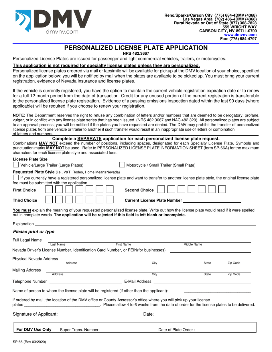 Form SP66 Personalized License Plate Application - Nevada, Page 1