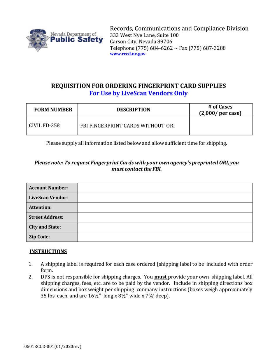 Form 0501RCCD-001 Requisition for Ordering Fingerprint Card Supplies for Use by Livescan Vendors Only - Nevada, Page 1