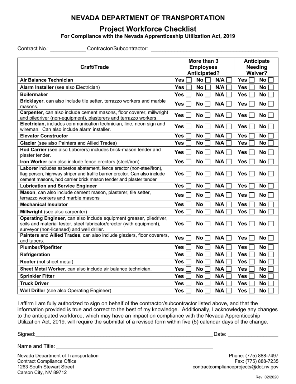 Project Workforce Checklist for Compliance With the Nevada Apprenticeship Utilization Act, 2019 - Nevada, Page 1