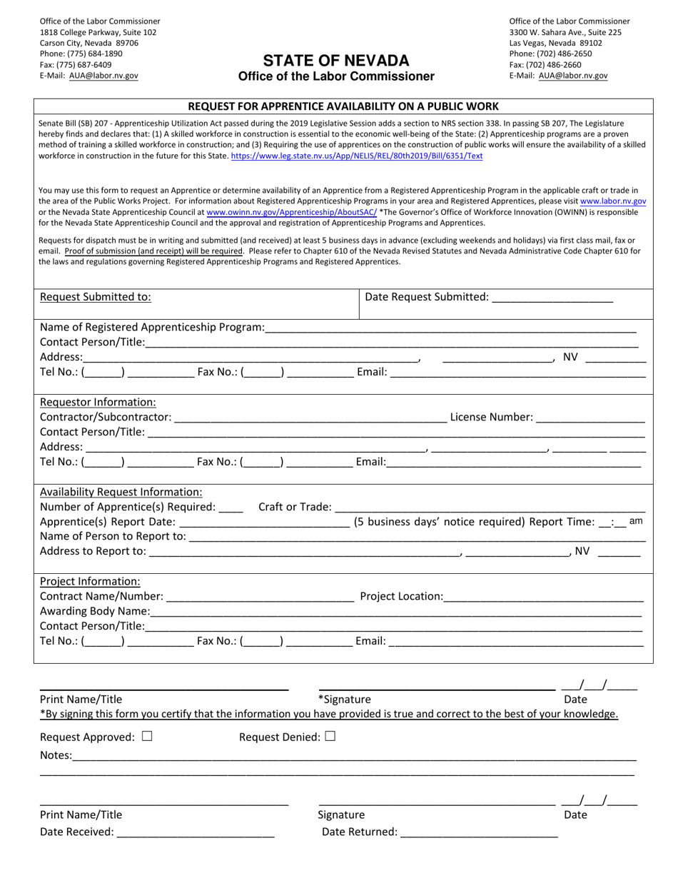 Request for Apprentice Availability on a Public Work - Nevada, Page 1