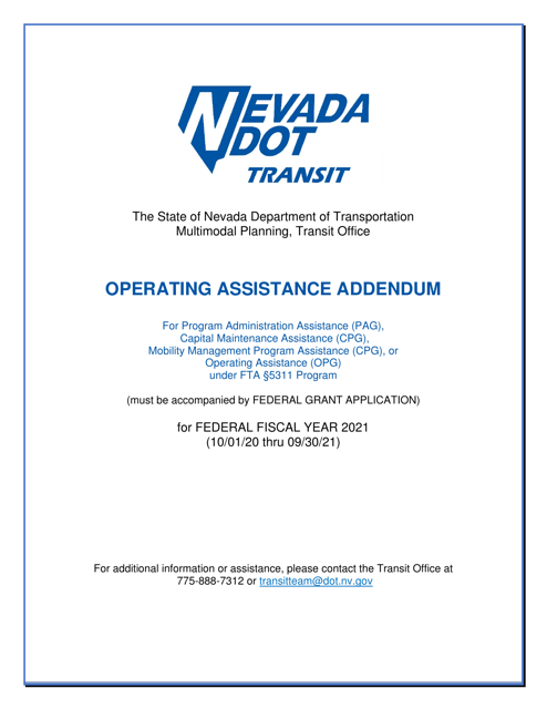 Operating Assistance Addendum for Program Administration Assistance (Pag), Capital Maintenance Assistance (Cpg), Mobility Management Program Assistance (Cpg), or Operating Assistance (Opg) Under Fta 5311 Program - Nevada, 2021