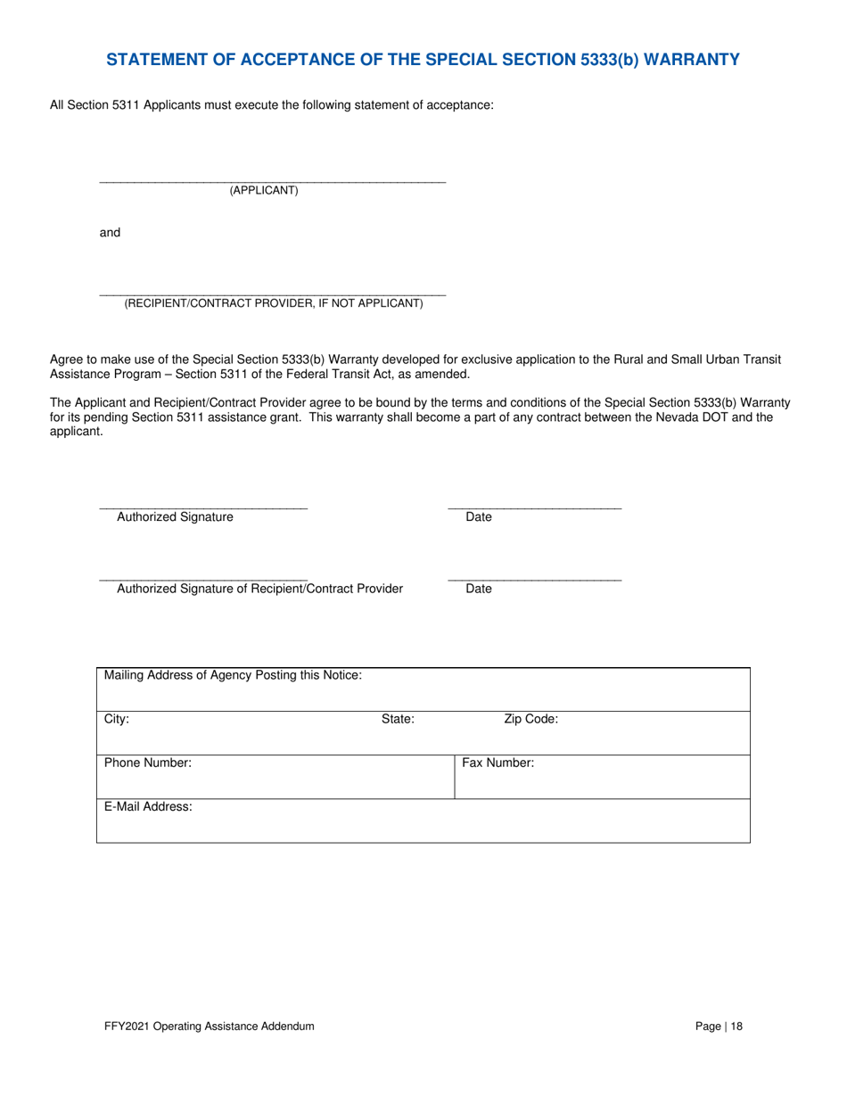 Operating Assistance Addendum for Program Administration Assistance (Pag), Capital Maintenance Assistance (Cpg), Mobility Management Program Assistance (Cpg), or Operating Assistance (Opg) Under Fta 5311 Program - Nevada, Page 19