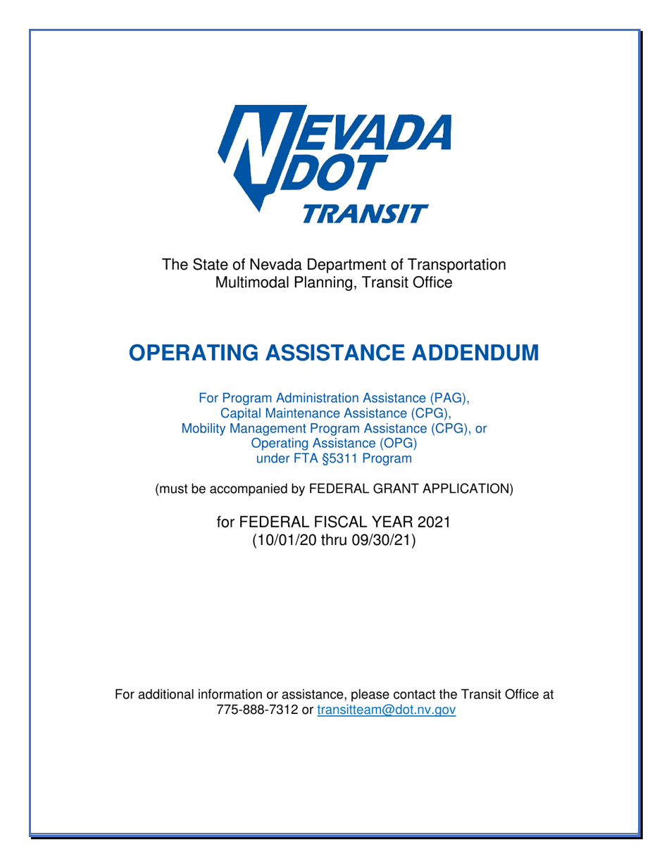 Operating Assistance Addendum for Program Administration Assistance (Pag), Capital Maintenance Assistance (Cpg), Mobility Management Program Assistance (Cpg), or Operating Assistance (Opg) Under Fta 5311 Program - Nevada, Page 1