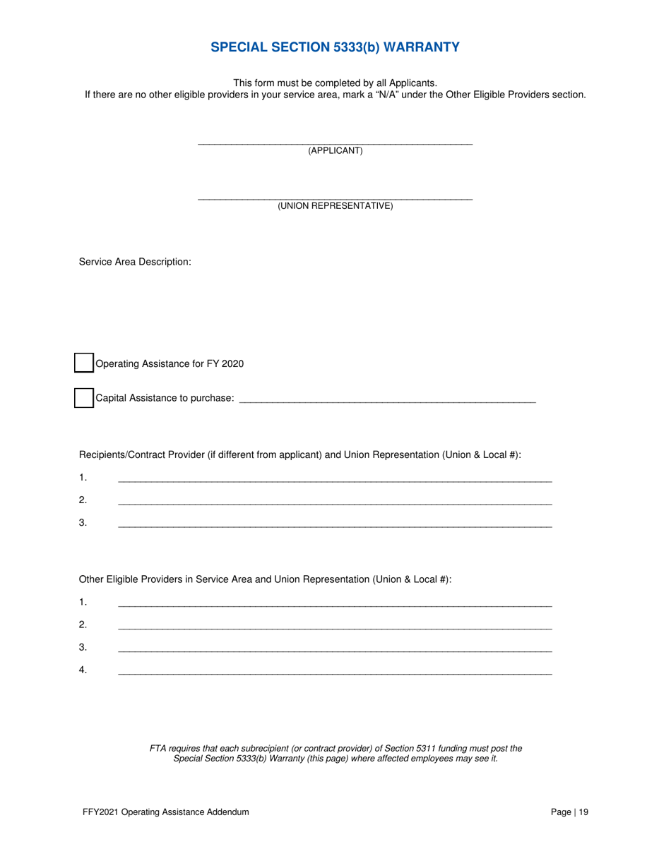 Operating Assistance Addendum for Program Administration Assistance (Pag), Capital Maintenance Assistance (Cpg), Mobility Management Program Assistance (Cpg), or Operating Assistance (Opg) Under Fta 5311 Program - Nevada, Page 20