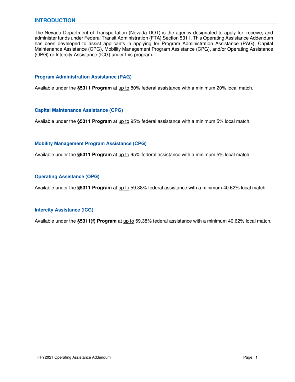 Operating Assistance Addendum for Program Administration Assistance (Pag), Capital Maintenance Assistance (Cpg), Mobility Management Program Assistance (Cpg), or Operating Assistance (Opg) Under Fta 5311 Program - Nevada, Page 2