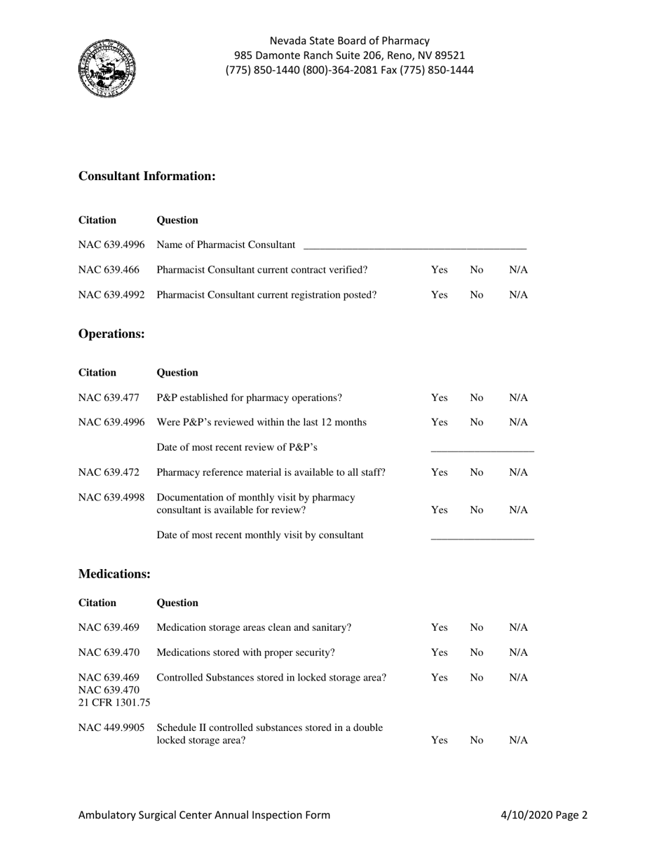 Ambulatory Surgical Center Annual Inspection Form - Nevada, Page 2