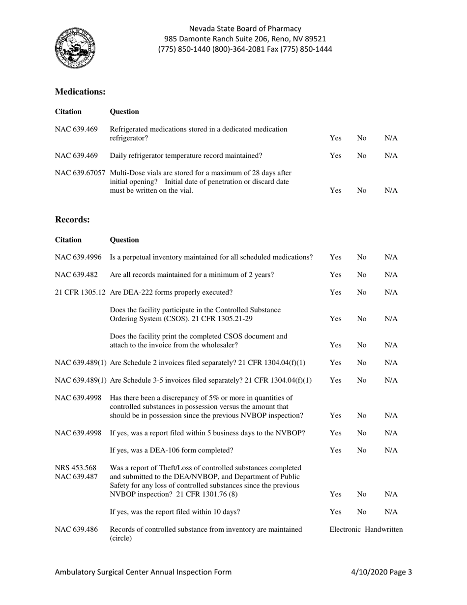 Ambulatory Surgical Center Annual Inspection Form - Nevada, Page 3