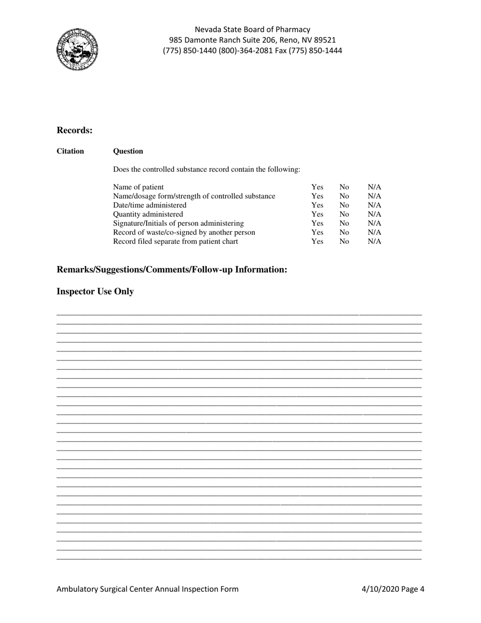 Ambulatory Surgical Center Annual Inspection Form - Nevada, Page 4