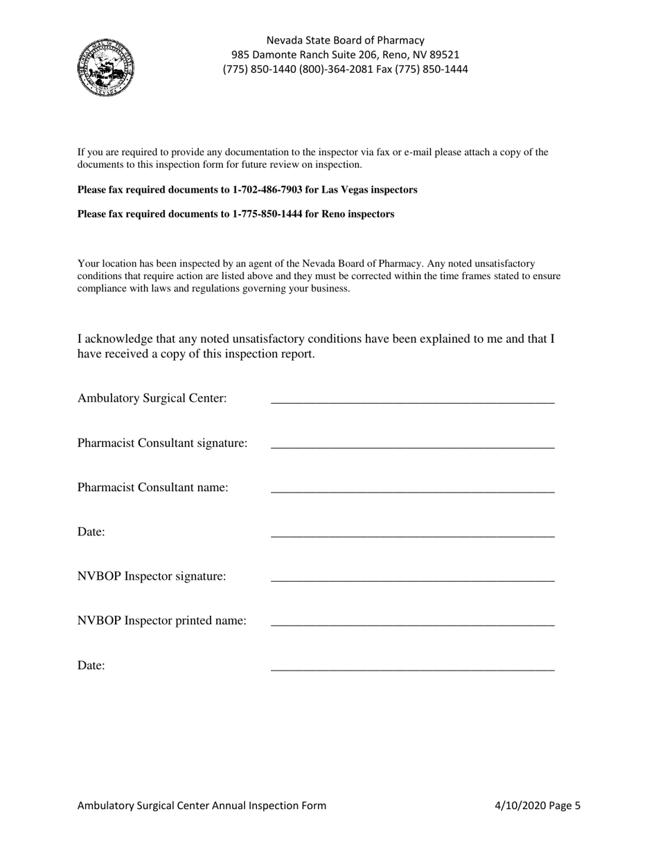 Ambulatory Surgical Center Annual Inspection Form - Nevada, Page 5