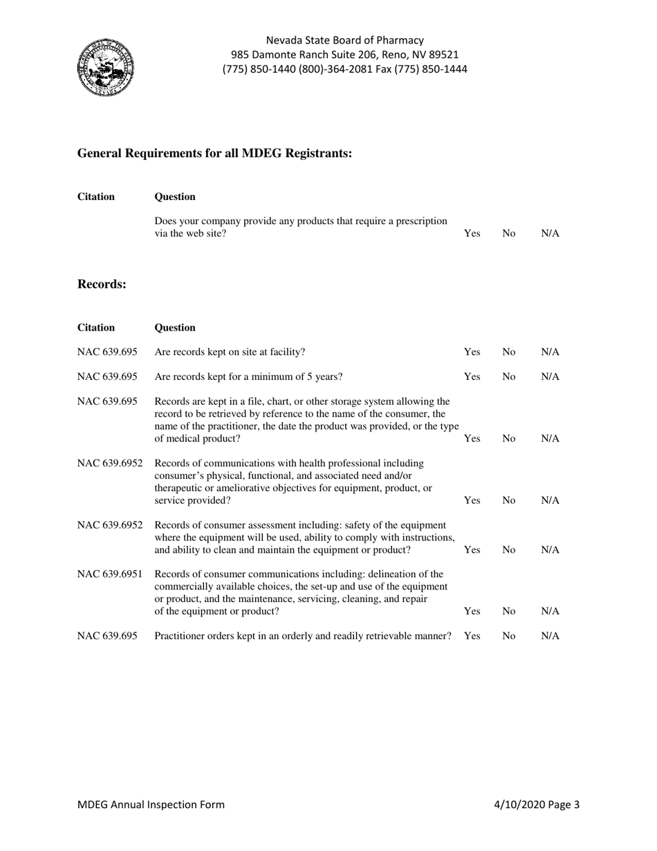 Mdeg Annual Inspection Form - Nevada, Page 3