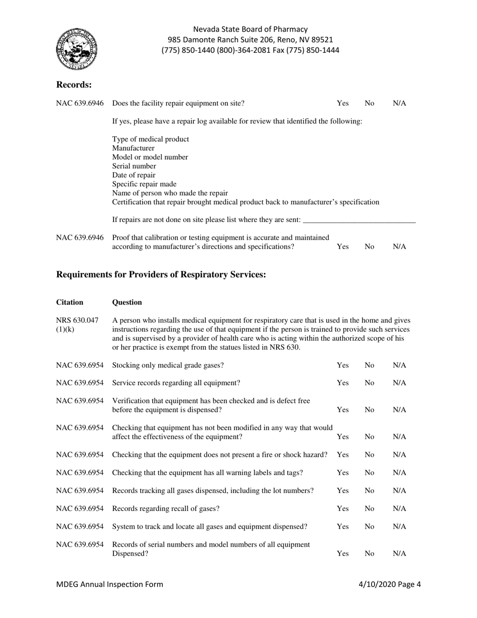 Mdeg Annual Inspection Form - Nevada, Page 4