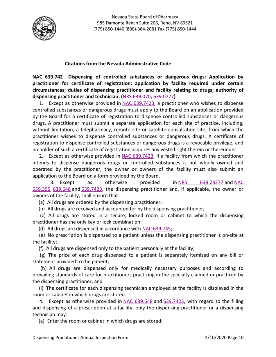 Dispensing Practitioner Annual Inspection Form - Nevada, Page 10