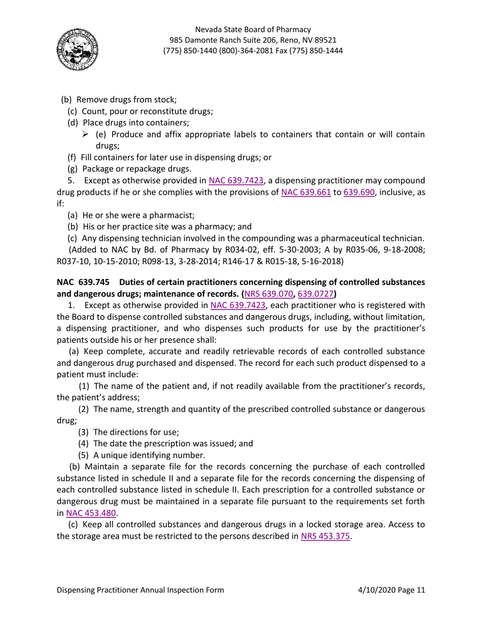 Dispensing Practitioner Annual Inspection Form - Nevada, Page 11