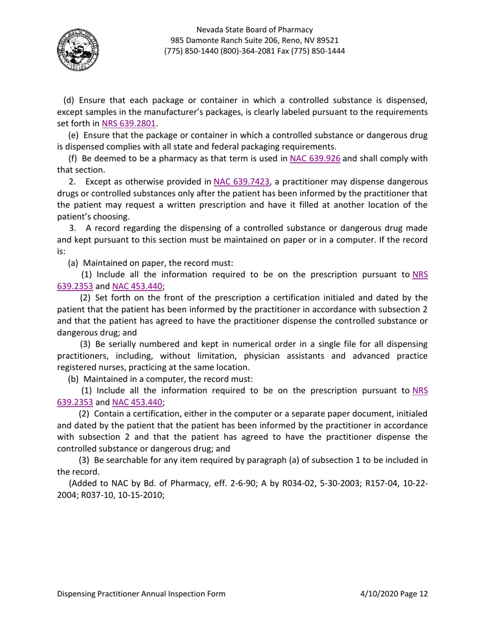 Dispensing Practitioner Annual Inspection Form - Nevada, Page 12