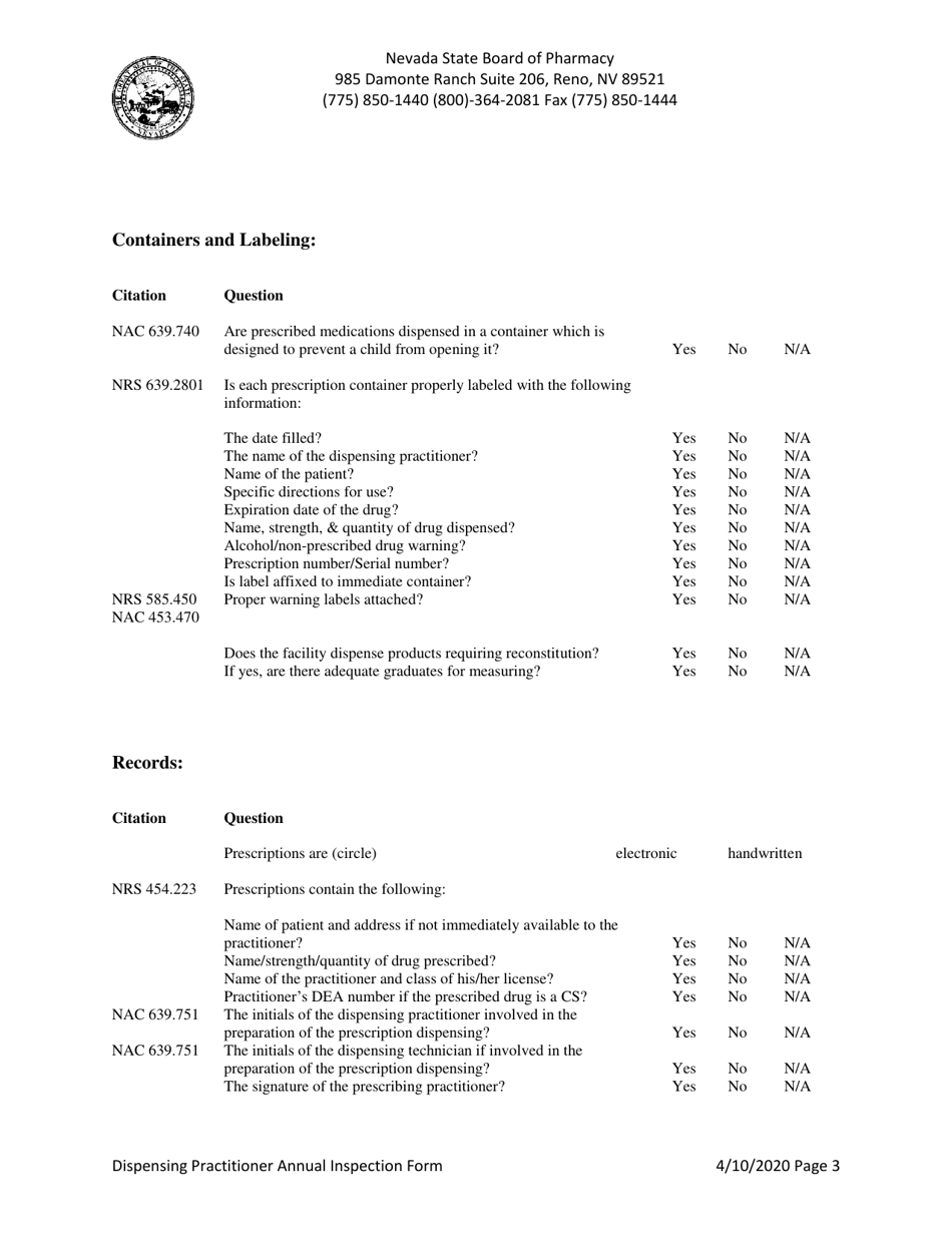 Dispensing Practitioner Annual Inspection Form - Nevada, Page 3