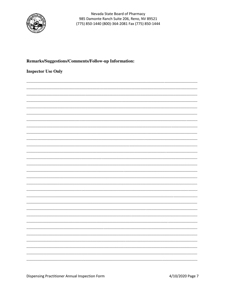 Dispensing Practitioner Annual Inspection Form - Nevada, Page 7