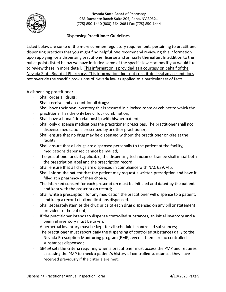 Dispensing Practitioner Annual Inspection Form - Nevada, Page 9