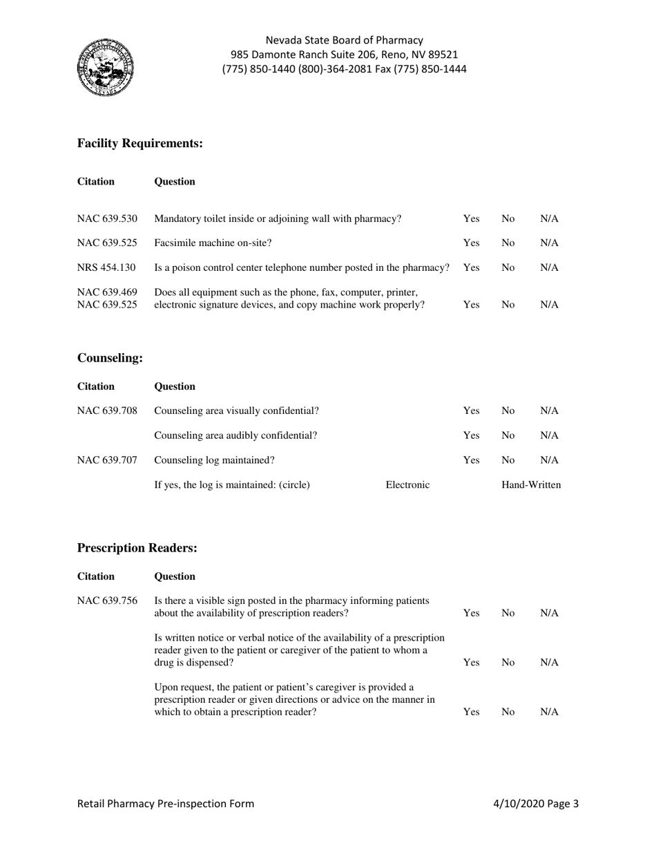 Retail Pharmacy Pre-inspection Form - Nevada, Page 3