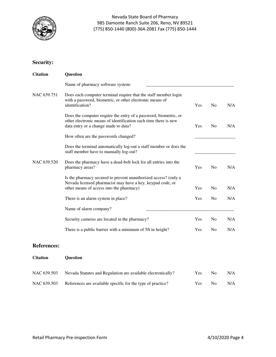 Retail Pharmacy Pre-inspection Form - Nevada, Page 4
