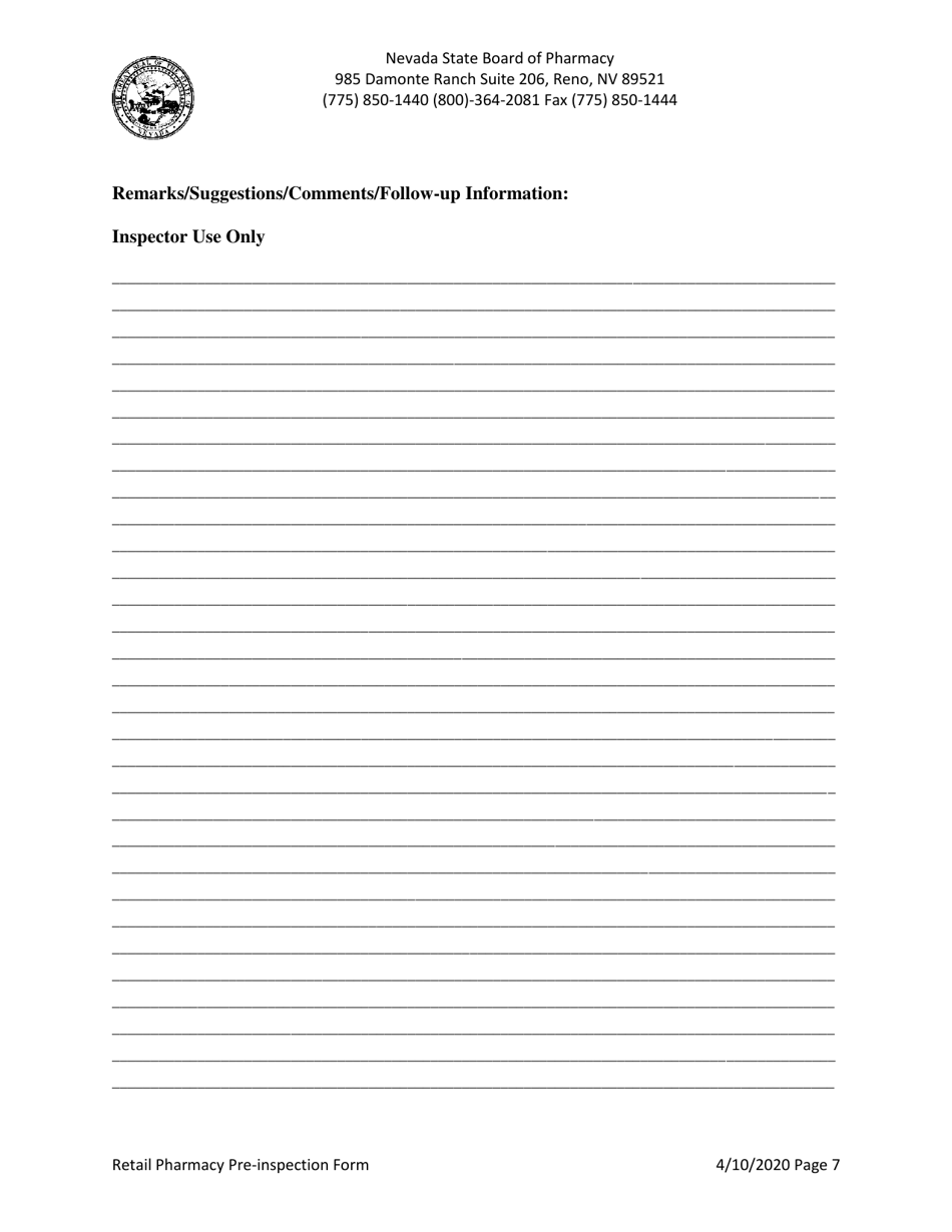 Retail Pharmacy Pre-inspection Form - Nevada, Page 7