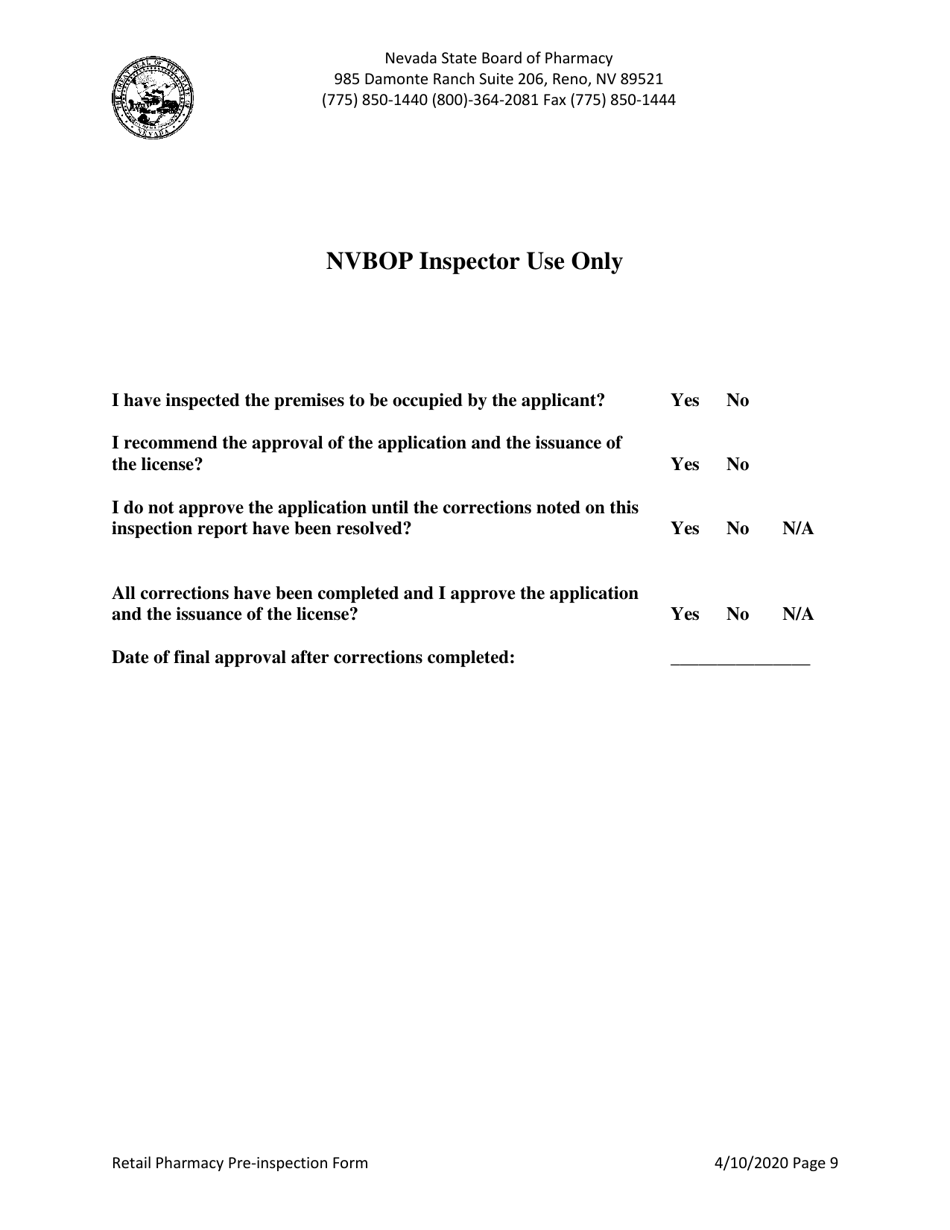 Retail Pharmacy Pre-inspection Form - Nevada, Page 9