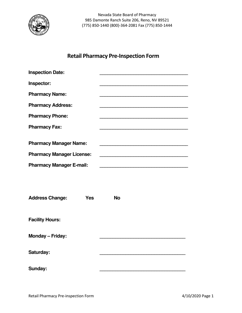 Nevada Retail Pharmacy Preinspection Form Fill Out, Sign Online and