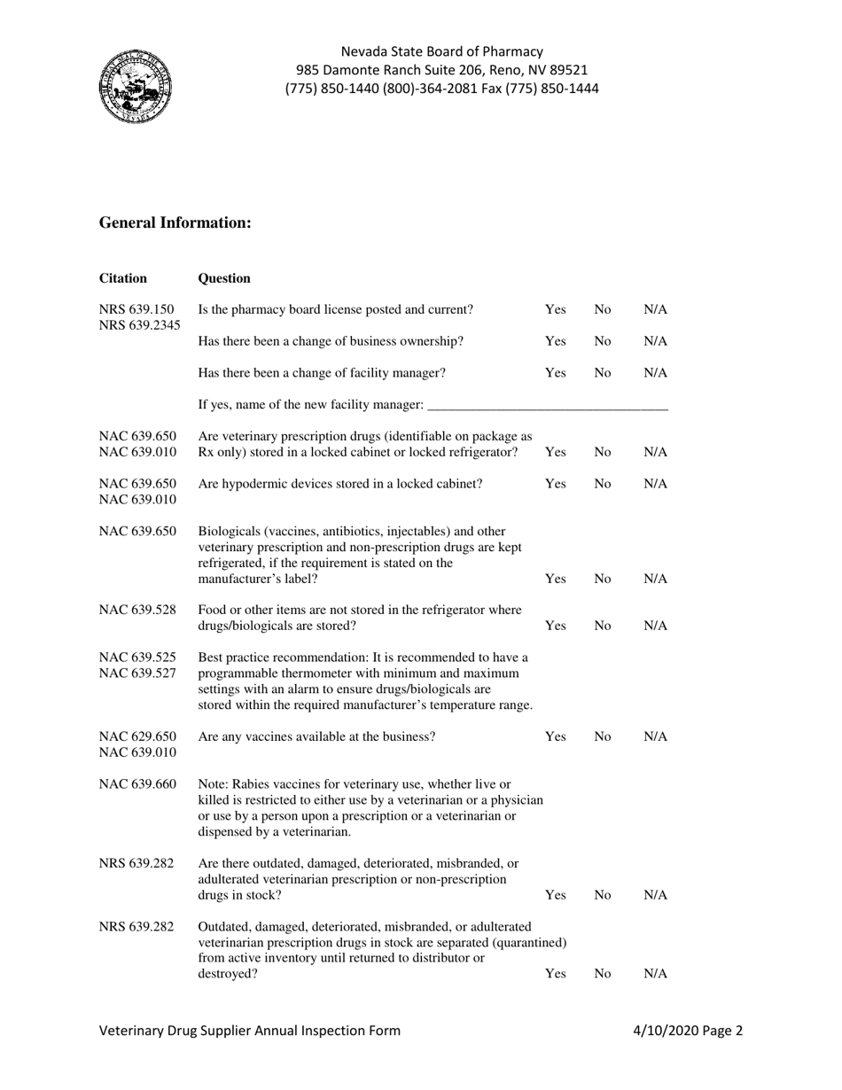 Veterinary Drug Supplier Annual Inspection Form - Nevada, Page 2