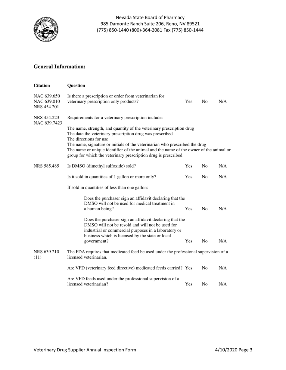 Veterinary Drug Supplier Annual Inspection Form - Nevada, Page 3