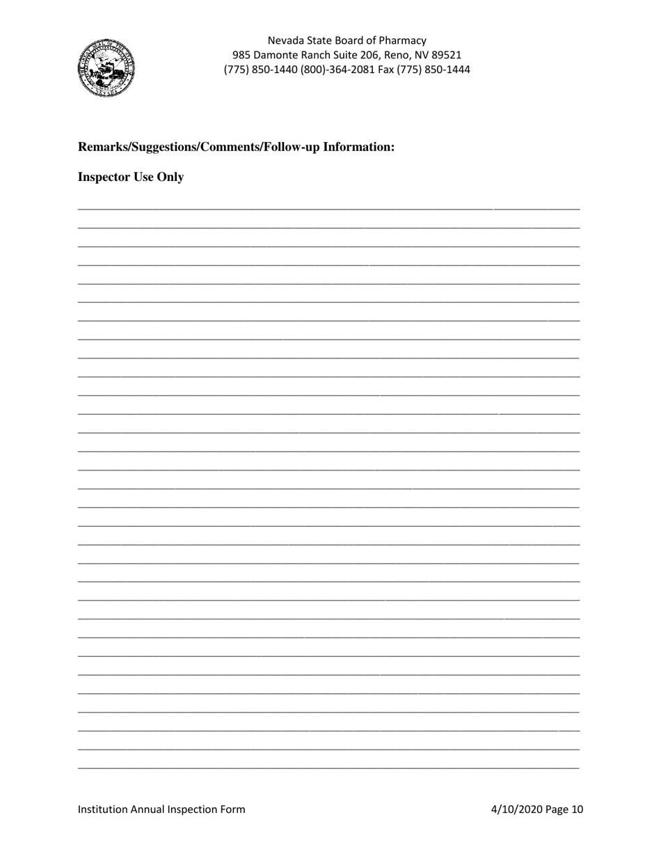 Institution Annual Inspection Form - Nevada, Page 10