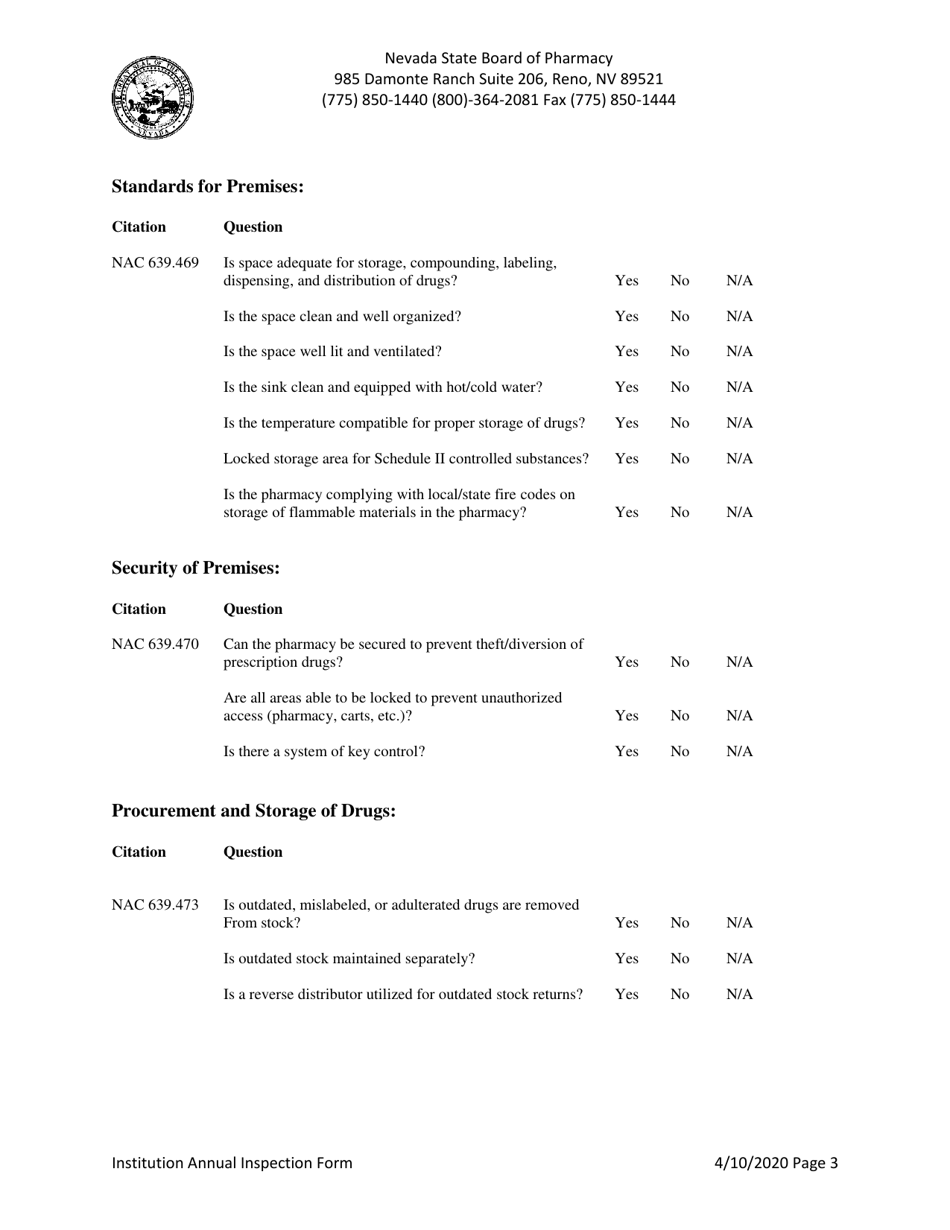Institution Annual Inspection Form - Nevada, Page 3