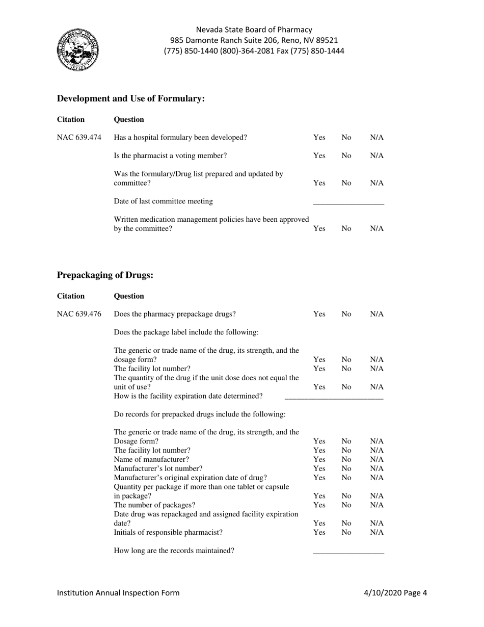 Institution Annual Inspection Form - Nevada, Page 4