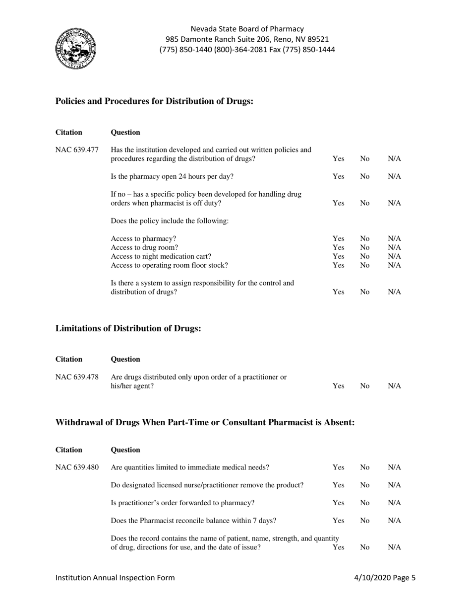 Institution Annual Inspection Form - Nevada, Page 5