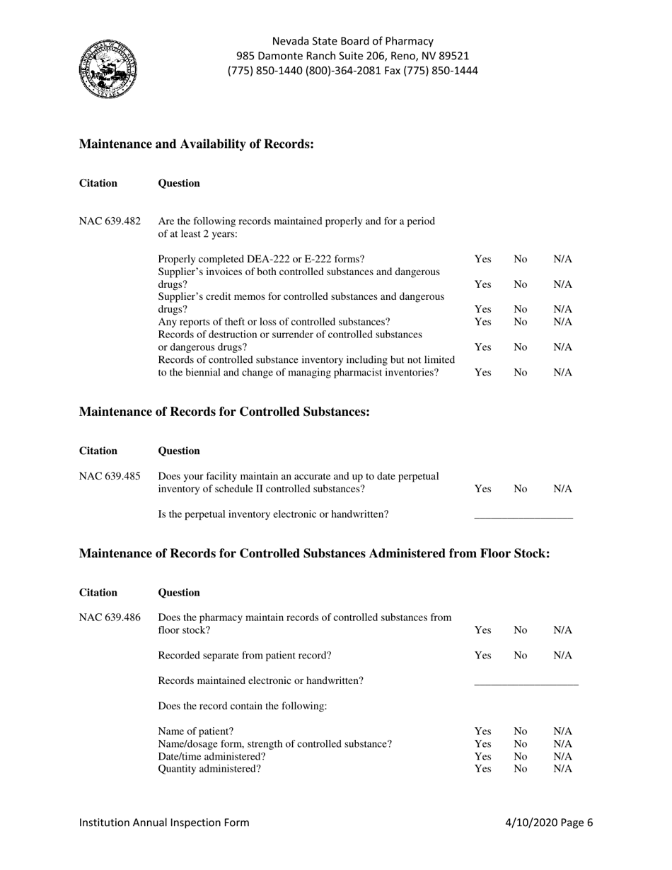 Institution Annual Inspection Form - Nevada, Page 6