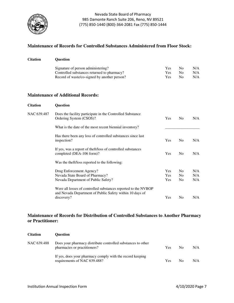 Institution Annual Inspection Form - Nevada, Page 7